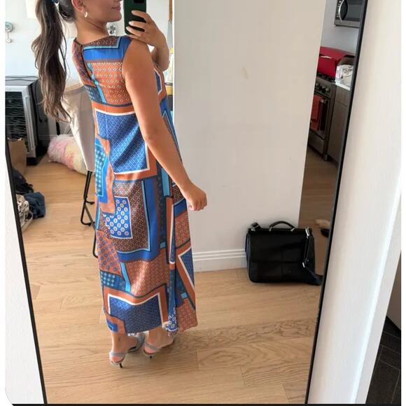 Misa Blue Patchwork Midi Dress MEDIUM Satin Vacation Aline Weekend Designer $410 - Picture 4 of 13